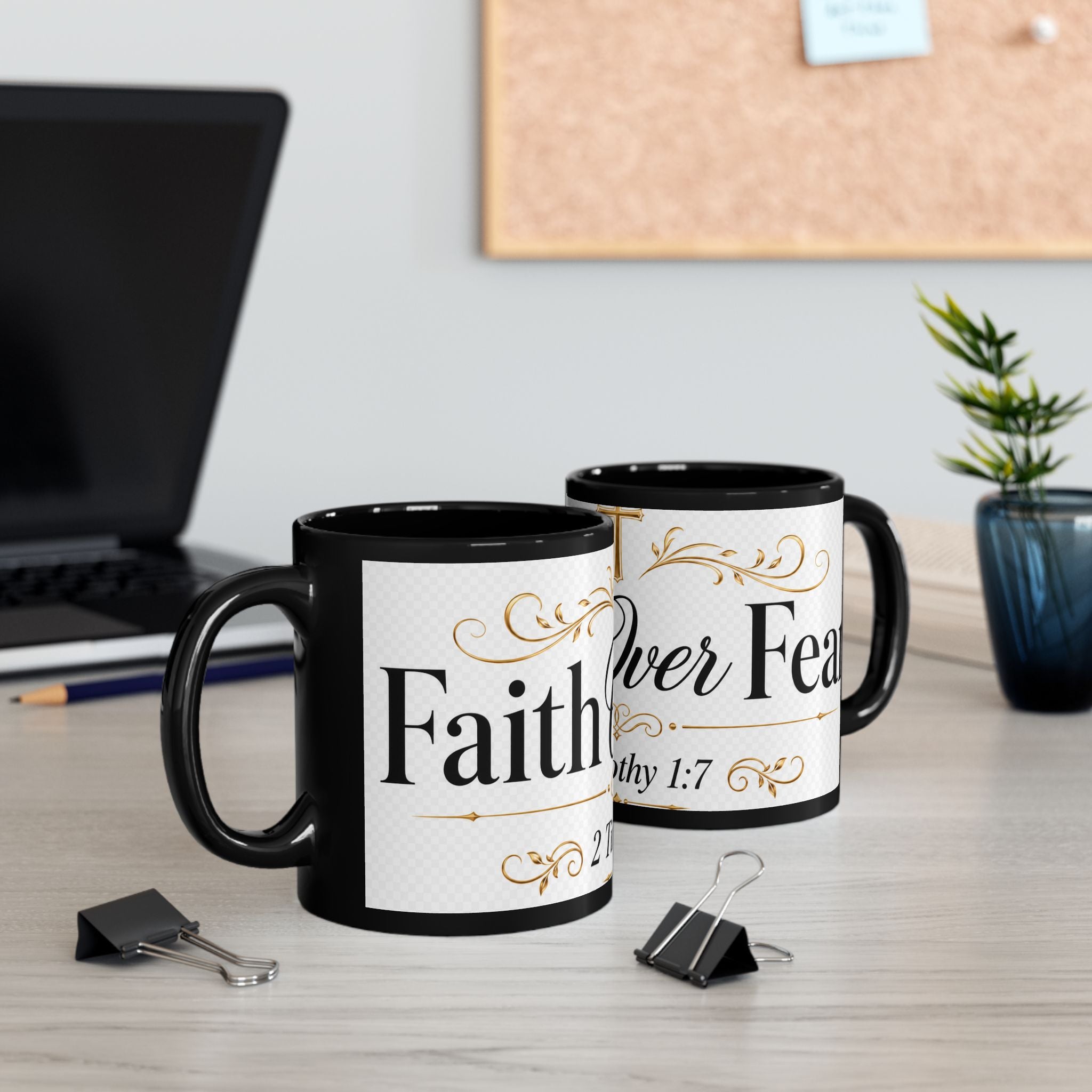 Faith Over Fear Mug – 2 Timothy 1:7 Inspirational Black Coffee Cup