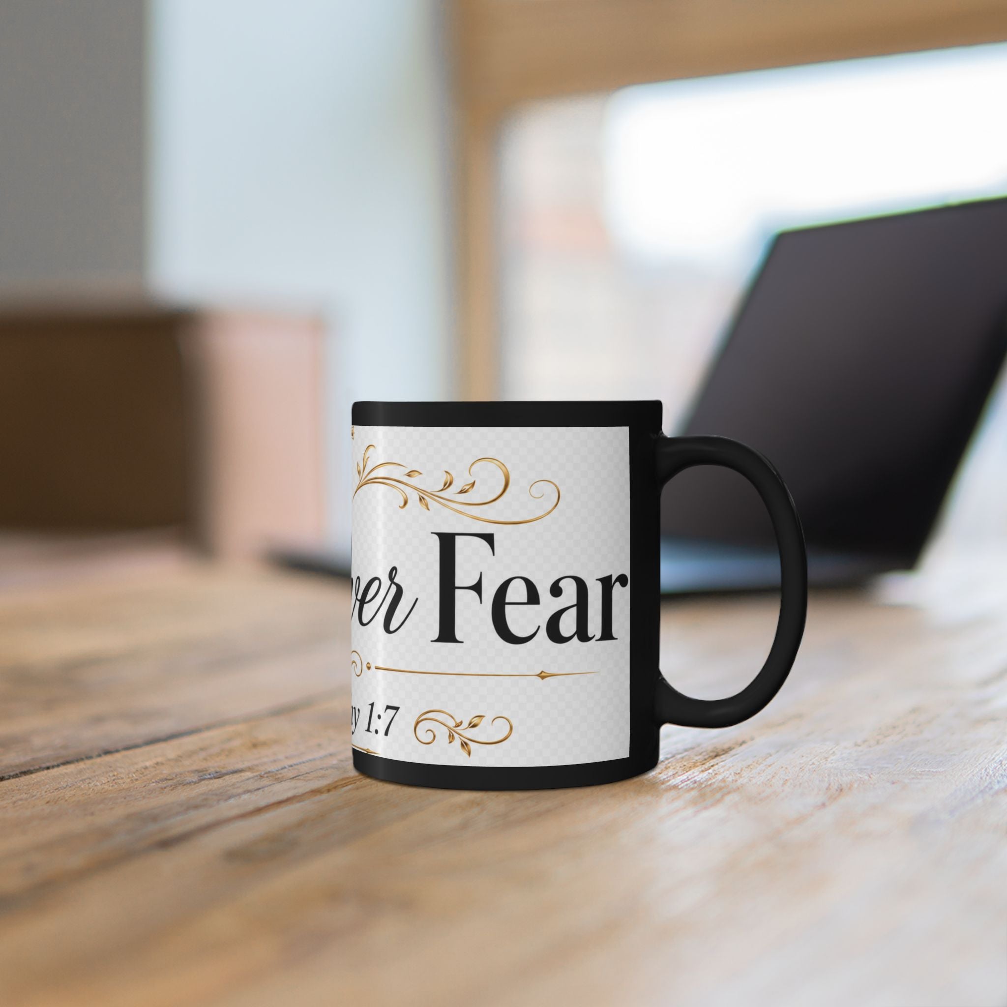Faith Over Fear Mug – 2 Timothy 1:7 Inspirational Black Coffee Cup